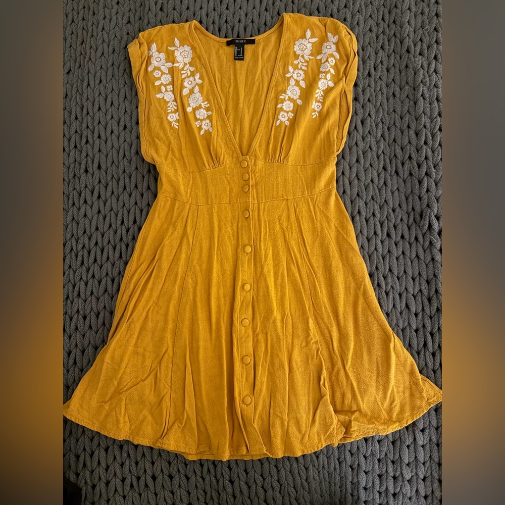 Forever 21 Mustard Yellow Dress with White Floral Embroidery